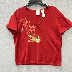 Emma James V Neck Short Sleeve Sweater with Embroidery Petite Large